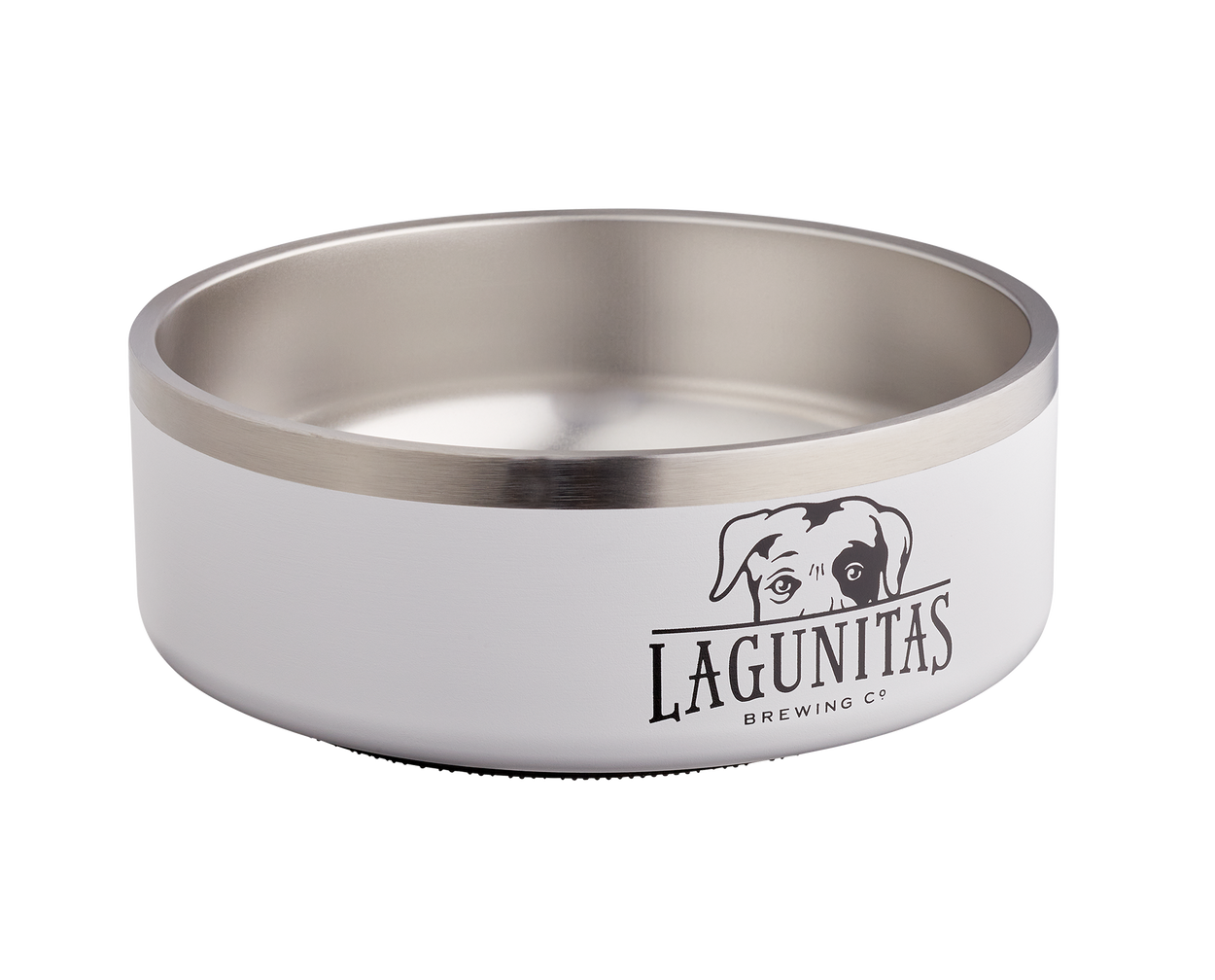 "Lagunitas Doggo Bowl: A sleek white dog bowl with the Lagunitas logo in black, ideal for making mealtime fun and stylish for your furry friend. Perfect for the fashion-forward pup who loves to stand out at home or in the park."