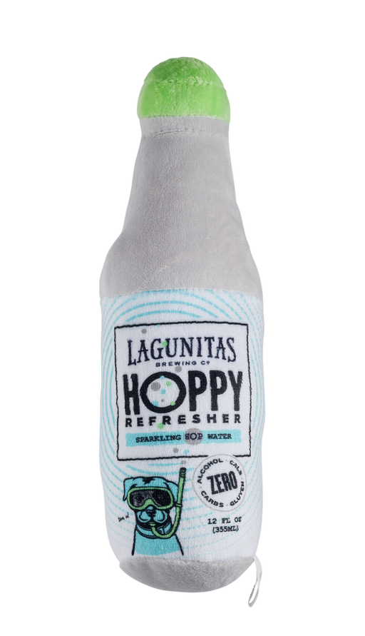 A Lagunitas Hoppy Refresher Dog Toy, shaped like the classic Hoppy Refresher bottle, featuring the Lagunitas dog logo. This pet-friendly toy is made from durable materials for long-lasting playtime. Treat your furry friend to the Lagunitas life with this fun and engaging dog toy. Order now and let the good times (or wags) begin!"