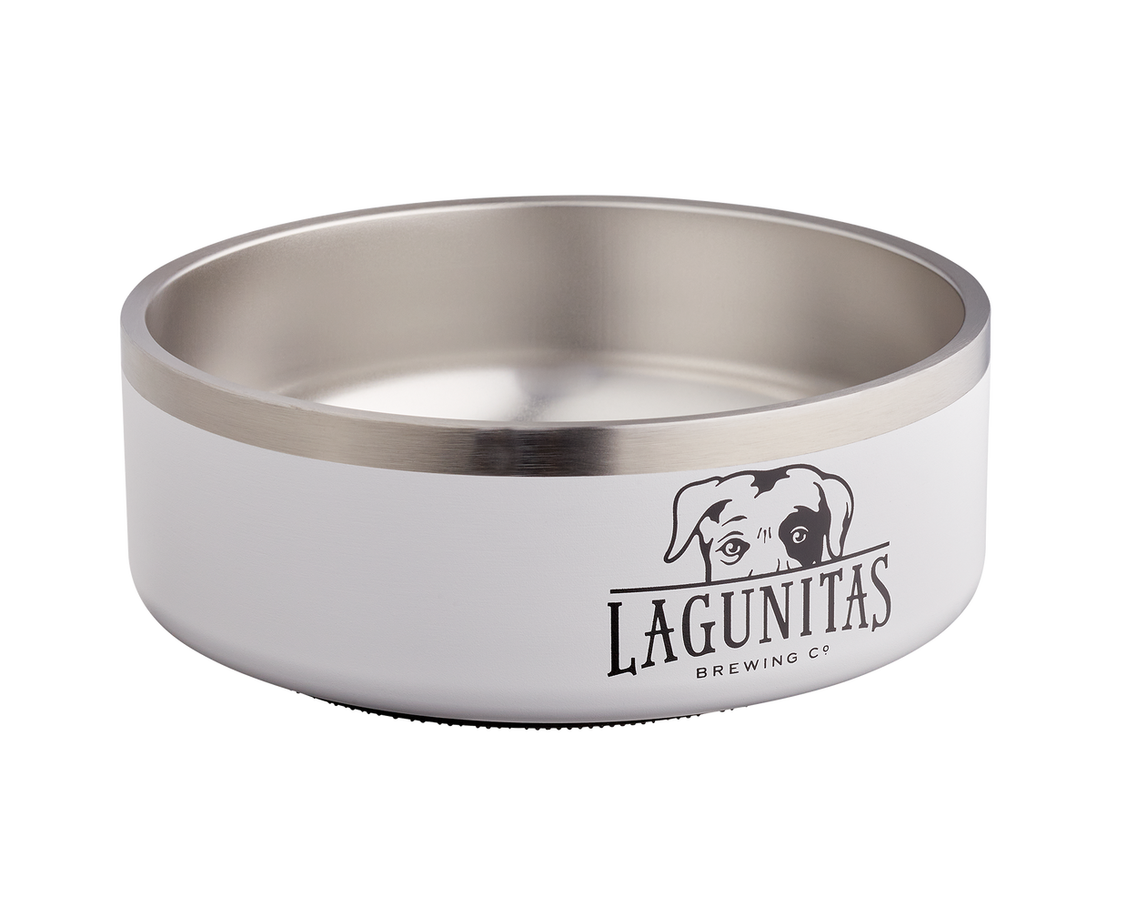  "Lagunitas Doggo Bowl: A sleek white dog bowl with the Lagunitas logo in black, ideal for making mealtime fun and stylish for your furry friend. Perfect for the fashion-forward pup who loves to stand out at home or in the park."