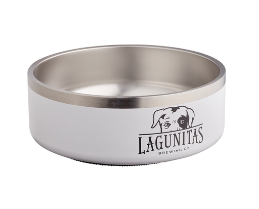  "Lagunitas Doggo Bowl: A sleek white dog bowl with the Lagunitas logo in black, ideal for making mealtime fun and stylish for your furry friend. Perfect for the fashion-forward pup who loves to stand out at home or in the park."