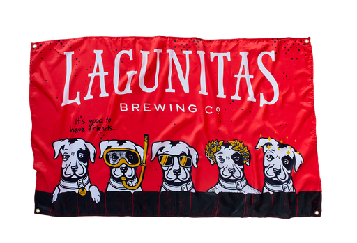  A Lagunitas Beer Friends Flag with four iconic dog logos. The flag is made from quality materials and designed to last, suitable for indoor and outdoor display. Perfect for Lagunitas beer enthusiasts and collectors."