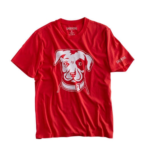 Lagunitas Red Dog Tee - A vibrant red t-shirt featuring the Lagunitas dog logo. A must-have for Lagunitas fans and dog lovers alike. The tee exudes comfort and is ideal for all adventures, from mountain hikes to playtime with your furry friend. Crafted with high-quality materials for ultimate softness and style. The perfect conversation starter tee for any occasion."