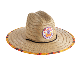 A close-up view of the Lagunitas Island Beats Sun Hat is shown. The hat features a wide brim, providing ample shade to the wearer. The hat's lightweight design makes it comfortable to wear even on hot days. 