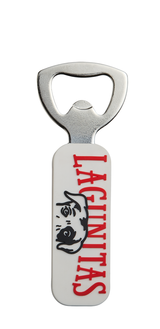 “A sleek and stylish bottle opener featuring the Lagunitas logo, with a strong magnetic base for easy storage and accessibility.”