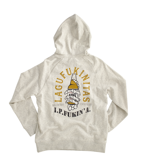 “A unique and edgy design featuring a skull hand holding an IPA, representing the craft beer spirit. Made with premium quality fabric for a comfortable and stylish fit. Lagunitas branding adds authenticity to this limited edition, eye-catching hoodie”