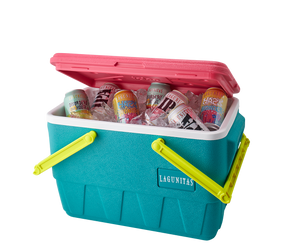 “A pink, blue, and yellow Lagunitas Igloo cooler with the Lagunitas Brewing Company logo prominently displayed on the front. The cooler has a hinged lid, sturdy side handles. It is filled with ice, cans of Lagunitas beer, and assorted beverages, showcasing its spacious capacity and insulation capabilities for keeping drinks cool during outdoor gatherings.”