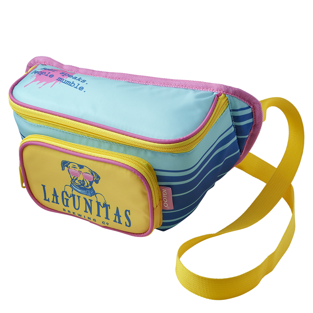 An insulated Lagunitas cooler fanny pack in vibrant colors, featuring the Lagunitas logo on the front. The fanny pack is worn around the waist and has a zippered compartment for storing beverages and snacks, keeping them cool on the go.”