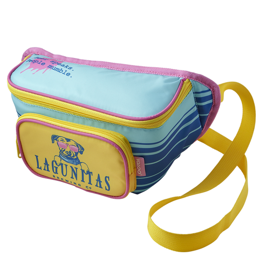 An insulated Lagunitas cooler fanny pack in vibrant colors, featuring the Lagunitas logo on the front. The fanny pack is worn around the waist and has a zippered compartment for storing beverages and snacks, keeping them cool on the go.”